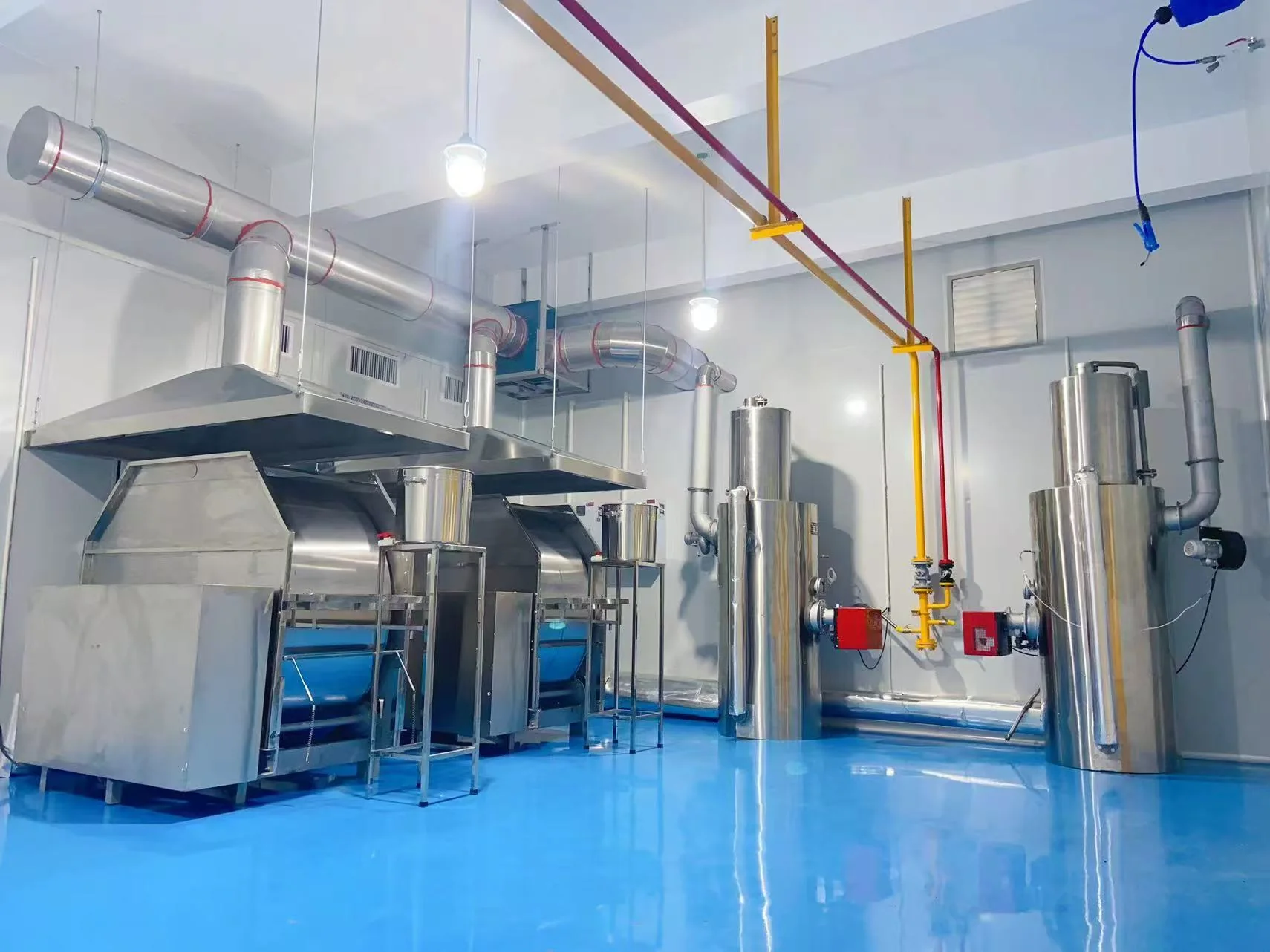 Stainless-steel bakery production equipment in a clean production room